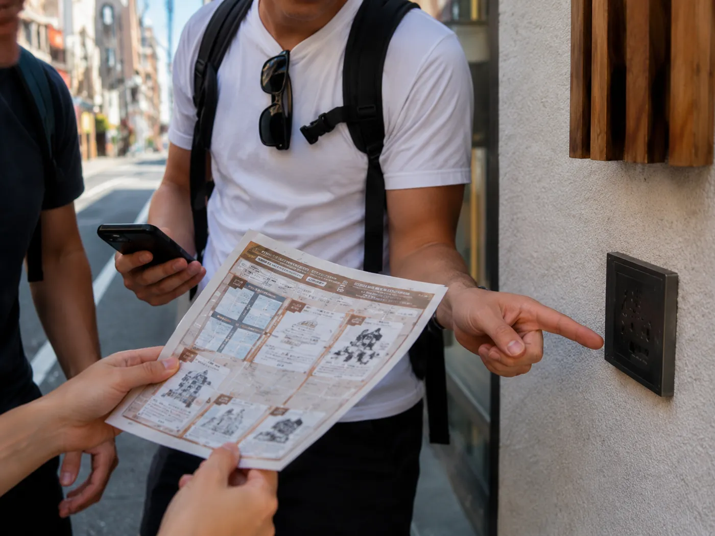 Pointing at a hidden kanji on the street
